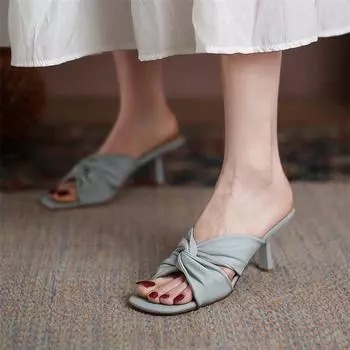 Meotina/женские шлепанцы из натуральной кожи на тонком каблуке, плиссированные женские сандалии на высоком каблуке с квадратным носком, лето 2022, синий, бежевый, 40 33 бежевый