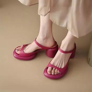 Meotina/женские шлепанцы из натуральной кожи с круглым носком, шлепанцы на платформе и массивном высоком каблуке, женская модная лаконичная повседневная обувь, лето 34 бежевый