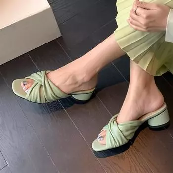 Meotina/женские шлепанцы из натуральной кожи, летние сандалии на среднем каблуке с квадратным носком, плиссированная женская обувь на толстом каблуке, зелено-розовая овчина 34 чёрный