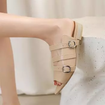 Meotina Женские шлепанцы с открытым носком и пряжкой, сандалии на плоской подошве с узким ремешком, лаконичный дизайн, тапочки, женская модная обувь, летняя обувь цвета миндаля 46 33 белый