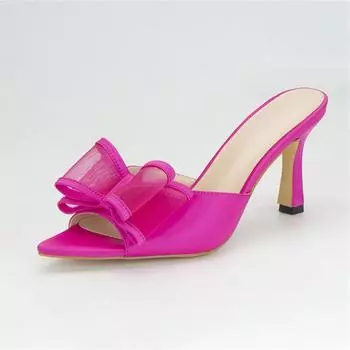 Meotina/женские шлёпанцы с острым носком на тонком высоком каблуке, сандалии с бантом, пикантный дизайн, женская модная обувь для вечеринок, летние розово-красные 41 36 розы красного