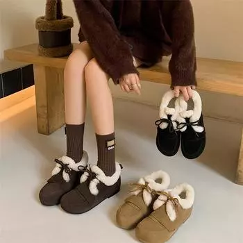 Meotina/женские туфли из натуральной кожи на плоской подошве с круглым носком, меховые, на шнуровке, из коровьей замши, лаконичная женская модная повседневная обувь, зимняя обувь черного цвета, цвета хаки, 40 34 чёрный