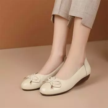 Meotina Женские туфли из натуральной кожи с круглым носком и плоским бантом, лаконичный фирменный дизайн, женская модная обувь весна-осень, черный, бежевый, 41 34 чёрный