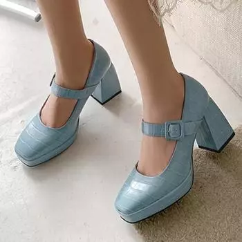 Meotina/женские туфли-лодочки из искусственной кожи, вечерние туфли Мэри Джейн на толстом высоком каблуке с квадратным носком и пряжкой, весенне-осенние туфли сине-желтого цвета с бровями 34 чёрный