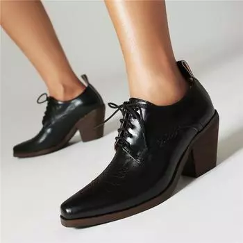 Meotina Женские туфли-лодочки из искусственной кожи с круглым носком, на толстом высоком каблуке, на шнуровке, женская модная повседневная обувь, весна-осень, черный, коричневый 46