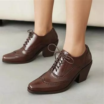 Meotina Женские туфли-лодочки из искусственной кожи, лаконичная женская модная обувь на массивном высоком каблуке с круглым носком и шнуровкой, весенне-осенний цвет: черный, коричневый 46