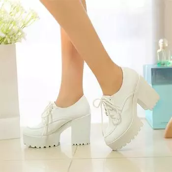 Meotina Женские туфли-лодочки из искусственной кожи с круглым носком, на толстом высоком каблуке, на платформе, со шнуровкой, женские модные туфли весна-осень, белые, черные, 42 34 белый