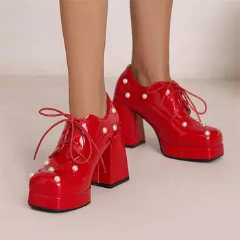 Meotina/женские туфли-лодочки из искусственной кожи, женская модная обувь на высоком массивном каблуке с квадратным носком, на платформе со шнуровкой и бусинами, весенне-осенняя белая обувь 46 34 белый