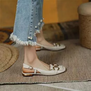 Meotina женские туфли-лодочки из натуральной кожи с круглым носком на толстом низком каблуке с босоножками и бахромой, женская обувь с металлической декоративной пряжкой, абрикосового цвета 40