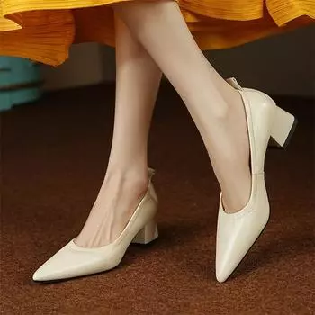 Meotina/женские туфли-лодочки из натуральной кожи, перчатки-туфли на толстом среднем каблуке с острым носком, женская модная обувь из овчины, весна-осень бежевого цвета 34 бежевый