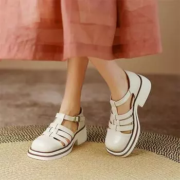 Meotina/женские туфли-лодочки из натуральной кожи с Т-образным ремешком и квадратным носком на толстом среднем каблуке, женская обувь на платформе с пряжкой и узким ремешком-гладиатором 34 бежевый