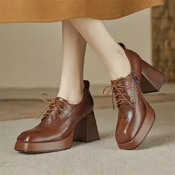 Meotina/женские туфли-лодочки из натуральной кожи с квадратным носком, толстый высокий каблук, платформа, шнуровка, молния, женская модная обувь, весна-осень 34 коричневый
