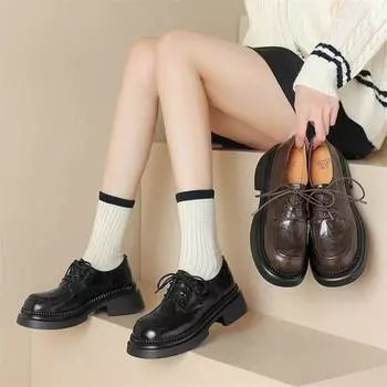 Meotina/женские туфли-лодочки из натуральной кожи, женская модная обувь на толстом среднем каблуке с круглым носком, на платформе со шнуровкой, весна-осень, черные, коричневые 40 34 чёрный