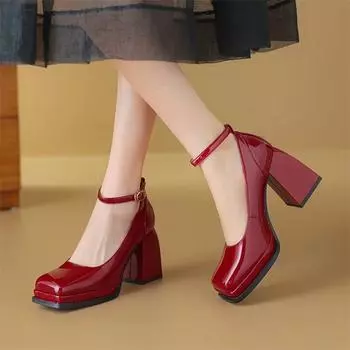 Meotina/женские туфли-лодочки из натуральной кожи с ремешком на щиколотке, женская модная обувь на высоком толстом каблуке с квадратным носком и пряжкой на платформе, весна-осень 40 33 чёрный