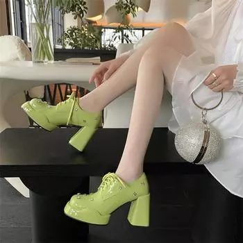 Meotina/женские туфли-лодочки из натуральной кожи, женская модная обувь на толстом высоком каблуке с круглым носком и платформой со шнуровкой и кристаллами, весенне-осенний зеленый цвет 34 бежевый
