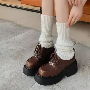 Meotina/женские туфли-лодочки из натуральной кожи, женская модная обувь на платформе с круглым носком, на толстом высоком каблуке со шнуровкой и украшением из металла, весна-осень 34 коричневый