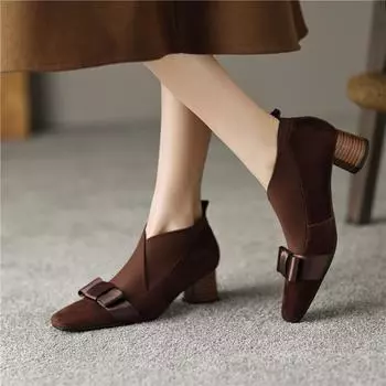 Meotina/женские туфли-лодочки из натуральной кожи с квадратным носком на среднем каблуке и бантом, женские замшевые модные детские туфли странного стиля, осенне-весенняя обувь коричневого цвета 43 34 чёрный