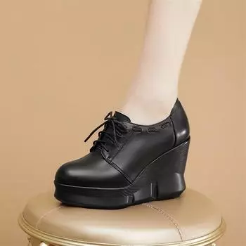 Meotina/женские туфли-лодочки из натуральной кожи, с круглым носком, на платформе, на танкетке, на высоком каблуке, на шнуровке, женская модная обувь, весна-осень, бежевый, черный, 40 34 бежевый