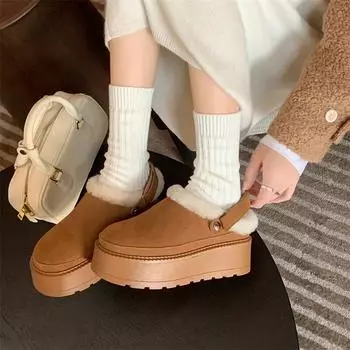 Meotina/женские туфли-лодочки из натуральной кожи с босоножками, с круглым носком, на плоской платформе, на высоком каблуке, из шерсти, коровьей замши, женская модная обувь, зима 40 34 чёрный