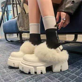 Meotina/женские туфли-лодочки из натуральной кожи с босоножками с круглым носком, на толстом высоком каблуке и платформе с пряжкой, женская модная обувь, зимняя черная, белая 34 чёрный