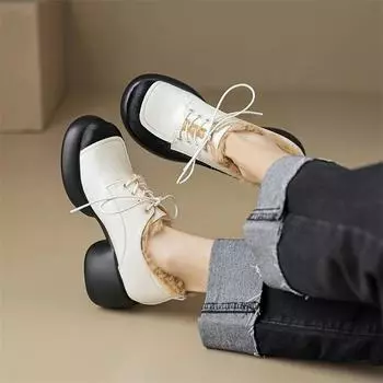 Meotina/женские туфли-лодочки из натуральной кожи, женская модная обувь разных цветов с круглым носком, на толстом высоком каблуке, на шерстяной платформе, на шнуровке, разноцветная женская модная обувь, зима 40 34 миндальный