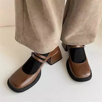 Meotina/женские туфли-лодочки Мэри Джейн из натуральной кожи с круглым носком, на толстом высоком каблуке с пряжкой, женская модная обувь, весенне-осенний цвет, черный, коричневый цвет