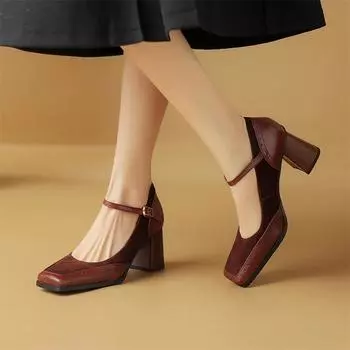 Meotina/женские туфли-лодочки Мэри Джейн из натуральной кожи с квадратным носком, туфли на высоком каблуке с пряжкой, перчатки, женская модная обувь, весна-осень 34 коричневый