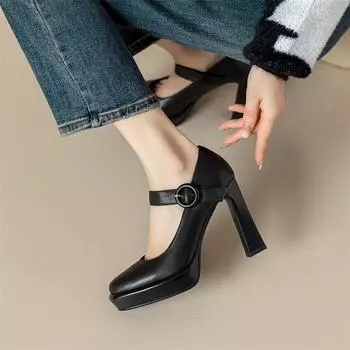 Meotina/женские туфли-лодочки Мэри Джейн из натуральной кожи, женская модная обувь на толстом высоком каблуке с круглым носком и пряжкой на платформе, весна-осень 41