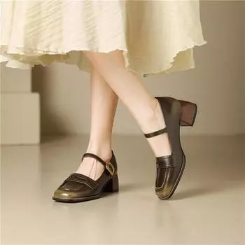 Meotina/женские туфли-лодочки Мэри Джейн из натуральной кожи с круглым носком, на толстом среднем каблуке с пряжкой, женская модная обувь, весна-осень, коричневый, хаки, 40