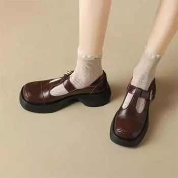 Meotina/женские туфли-лодочки Мэри Джейн из натуральной кожи с круглым носком, на толстом среднем каблуке с пряжкой и пряжкой, женская модная обувь с Т-образным шнурком, весна-осень, коричневые 40 34 коричневый