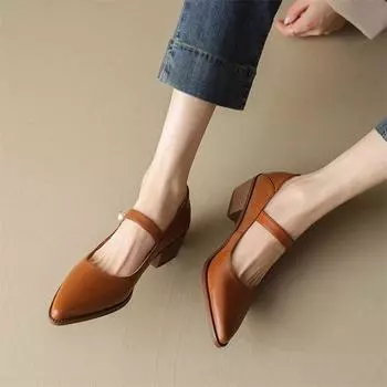 Meotina/женские туфли-лодочки Мэри Джейн из натуральной кожи с острым носком, женская модная обувь из овчины на среднем каблуке, весенне-осенняя обувь абрикосового цвета 34 миндальный