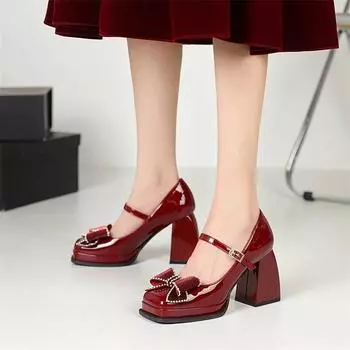 Meotina/женские туфли-лодочки Мэри Джейн из натуральной кожи с квадратным носком, на толстом высоком каблуке с пряжкой и кристаллическим бантом, женская модная обувь, весна-осень 34 вино красного