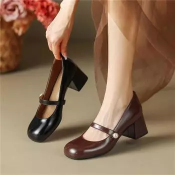 Meotina/женские туфли-лодочки Мэри Джейн из натуральной кожи с круглым носком, туфли-перчатки на массивном высоком каблуке, женская модная обувь, весенне-осенняя черная обувь