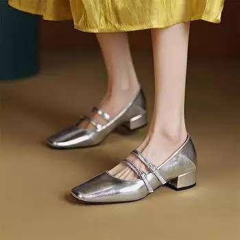 Meotina/женские туфли-лодочки Мэри Джейн из натуральной кожи с квадратным носком на среднем каблуке, женские осенние туфли на толстом каблуке с мелкой пряжкой, серебристого цвета 34 чёрный