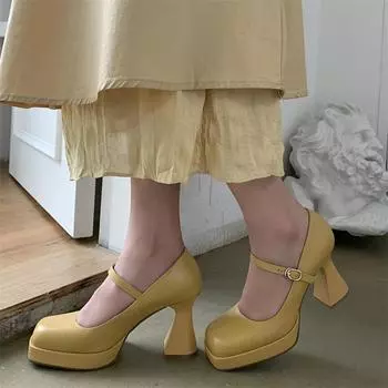 Meotina женские туфли-лодочки Мэри Джейн из натуральной кожи на платформе с квадратным носком на очень высоком каблуке, женская обувь на каблуке с пряжкой в странном стиле, 40 33 бежевый