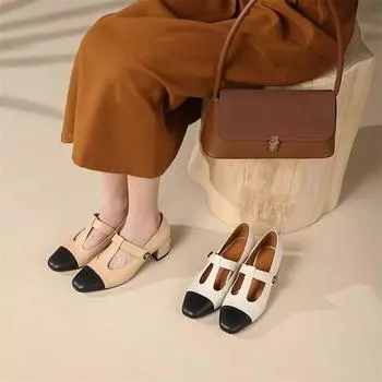 Meotina женские туфли-лодочки Мэри Джейн из натуральной кожи с круглым носком на толстом среднем каблуке, разноцветные женские модные туфли с Т-образным шнурком, весна-осень 34 бежевый