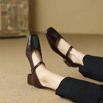 Meotina женские туфли-лодочки Мэри Джейн из натуральной кожи с квадратным носком и средним каблуком, женская модная обувь из овчины, весна-осень 40 34 чёрный