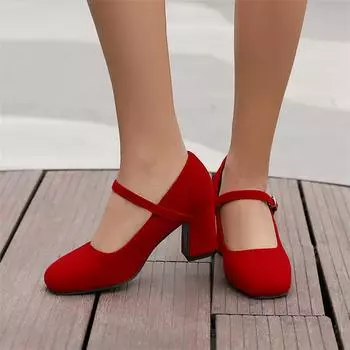 Meotina женские туфли-лодочки Мэри Джейн с круглым носком на высоком каблуке и пряжкой, перчатки-туфли в сдержанном стиле, женская модная обувь, весенне-осенний цвет, черный 43 35 красный