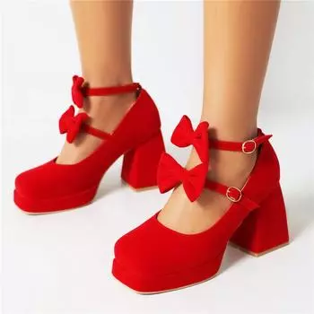 Meotina Женские туфли-лодочки «Мэри Джейн» с квадратным носком на высоком толстом каблуке и платформе с пряжкой и бантом, туфли-перчатки, женская модная обувь, весна-осень 46 34 чёрный