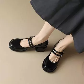 Туфли-лодочки Meotina женские Мэри Джейн с круглым носком на толстом высоком каблуке с пряжкой на платформе, женские модные туфли весна-осень бежевый 43 33 чёрный