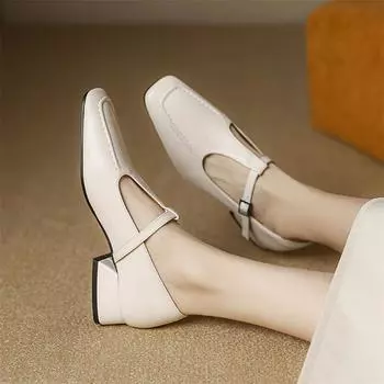 Туфли-лодочки Meotina женские Мэри Джейн с квадратным носком на толстом среднем каблуке с пряжкой и завязками, лаконичные, модные, повседневные, весна-осень, черные 43 34 чёрный