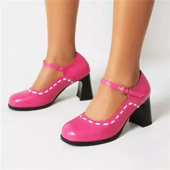 Meotina Женские туфли-лодочки «Мэри Джейн» с круглым носком, на толстом высоком каблуке с пряжкой, перчатки, женская модная обувь, весенне-осенняя обувь черного и коричневого цвета 46