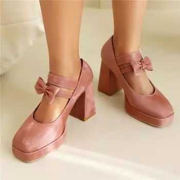 Meotina/женские туфли-лодочки Мэри Джейн, женская модная обувь на платформе с квадратным носком, на массивном высоком каблуке с пряжкой и бантом, украшенная кристаллами, весна-осень 46 34 чёрный