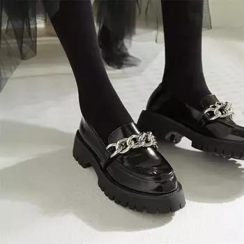 Meotina/женские туфли-лодочки на блочном каблуке, туфли из натуральной кожи на платформе, на среднем каблуке, туфли из коровьей кожи с цепочкой и круглым носком, женские черные туфли, 2021, размер 33-43 34 чёрный
