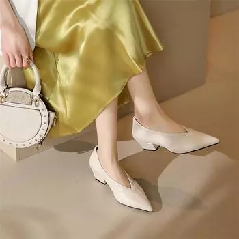 Meotina/женские туфли-лодочки на среднем каблуке с острым носком, лаконичные туфли на мелком каблуке, женская осенняя повседневная обувь, бежево-коричневый, большой размер 46 33 бежевый