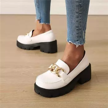 Meotina/женские туфли-лодочки на толстом каблуке на платформе с металлическими украшениями, женская обувь на высоком каблуке с круглым носком, весенние модные лоферы, черные туфли 34 чёрный