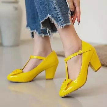 Meotina, женские туфли-лодочки на высоком каблуке, лакированная кожа, туфли на высоком каблуке с бантом и Т-образным ремешком, вечерние туфли с круглым носком и пряжкой, женские красные размеры 33-46 34 бежевый