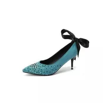 Meotina Женские туфли-лодочки с острым носком на тонком высоком каблуке с бантом из кристаллов, модные туфли для женщин, весна-осень, красные, черные, зеленые, 43 34 чёрный