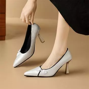 Meotina Женские туфли-лодочки с острым носком на толстом высоком каблуке, лаконичные туфли-перчатки, женская модная обувь весна-осень, белый, черный, 43 34 белый