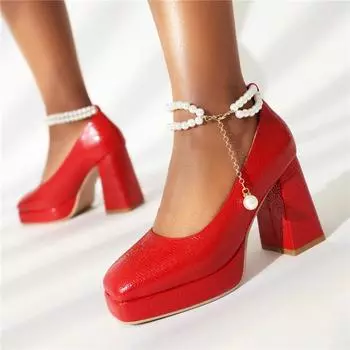 Meotina/женские туфли-лодочки с ремешком на щиколотке, туфли-лодочки на платформе с квадратным носком, туфли-перчатки на массивном высоком каблуке, женская модная обувь с бусинами, весна-осень 46 34 чёрный